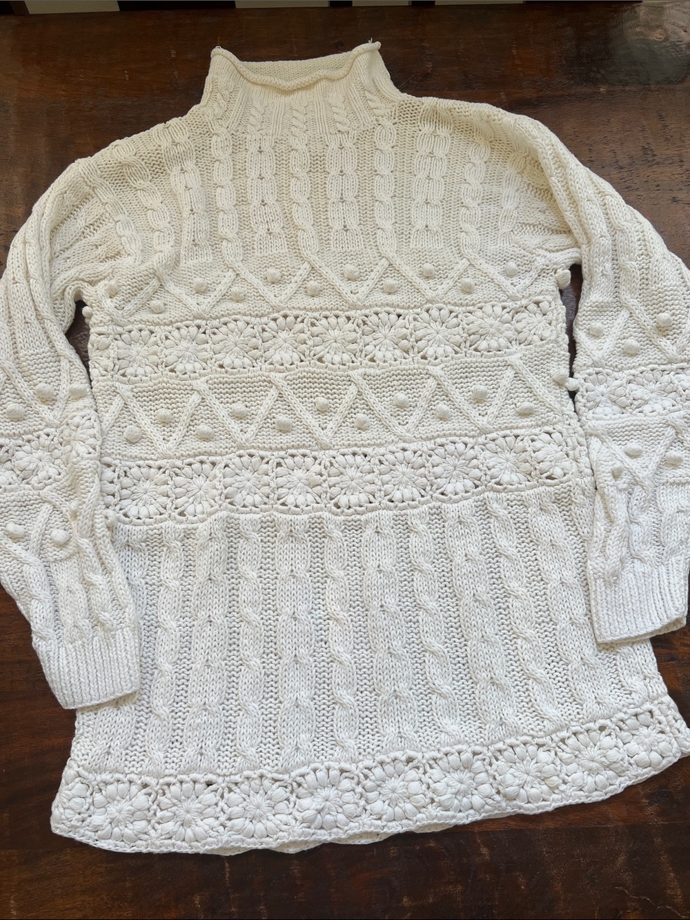 MODE INTL Vintage Long Mock-Neck Sweater Chunky Knit Cotton Blend Cream M